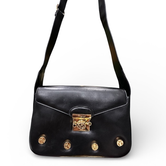 Salvatore Ferragamo Handbags - Vintage Salvatore Ferragamo Black Leather Bag – Gold Shoe hardware– 80s/90s